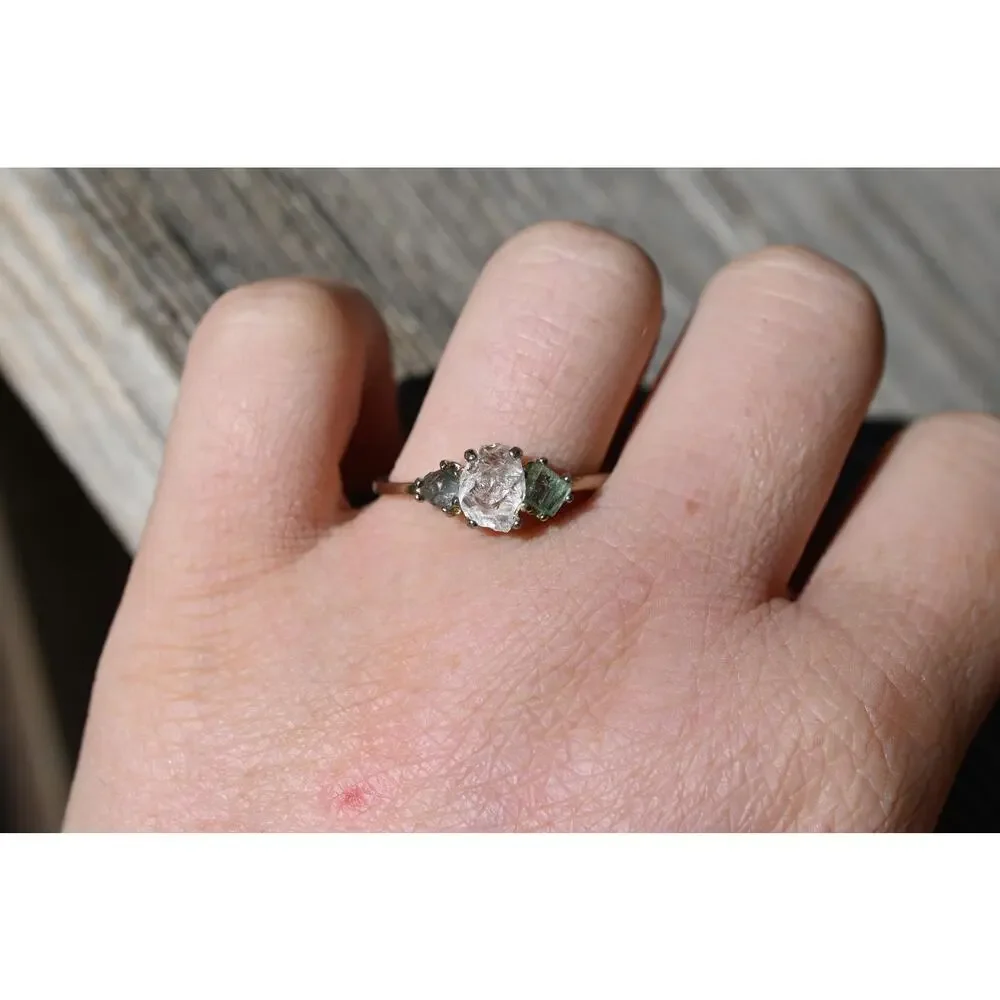 Emerald and Montana sapphire engagement ring 14k white gold size 12